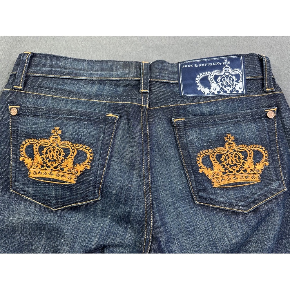 Rock & Republic Dark Wash Bootcut Jeans Gold Crown Embroidery Size 28